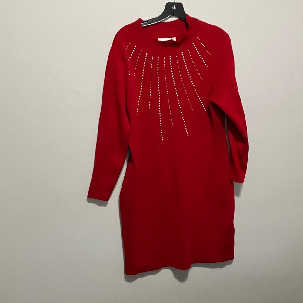 Elegant Red Sweater Dress with Embellishments